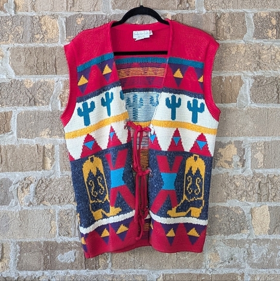 VTG 80s Sweater Loft Western Cowboy Tie Front Knit Sweater Vest Size Large - Picture 1 of 7